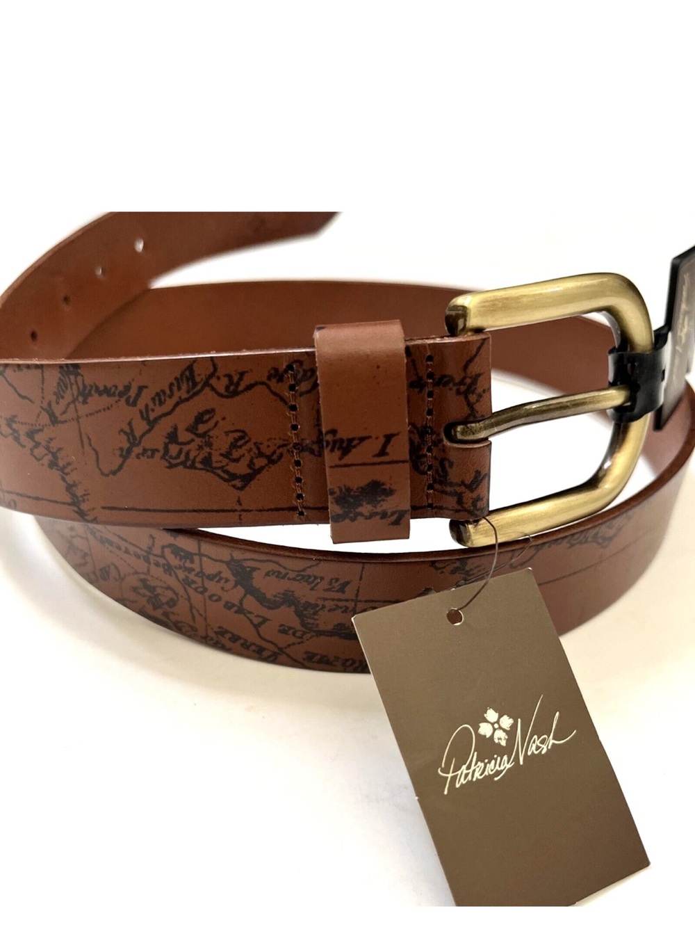 Patricia Nash Tan Leather Map-Print Belt with Brass Buckle